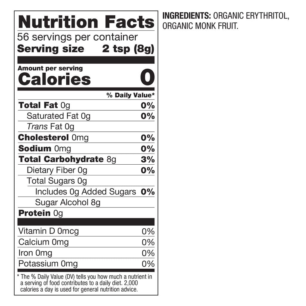 BetterBody Foods Organic Monk Fruit Sweetener Blend, Raw Cane Sugar Substitute, Zero Calorie, Keto Diet Friendly, Zero Net Carbs, Zero Glycemic, Baking, Extract, Sugar Replacement, 1lb, 16oz