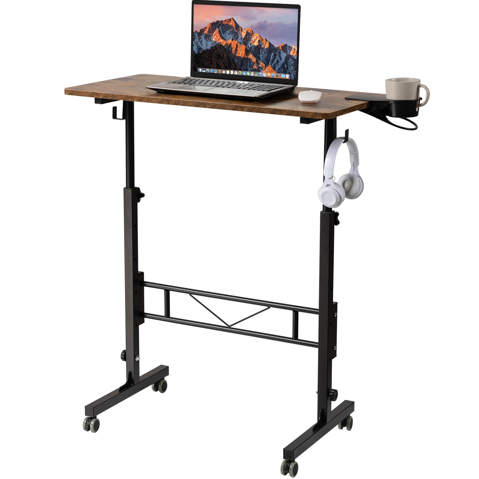SIDUCAL Standing Desk Adjustable Height, Small Mobile Stand Up Desk with Wheels, Rolling Desk for Standing or Sitting, Portable Computer Desk for Walking Pad, Rustic Brown