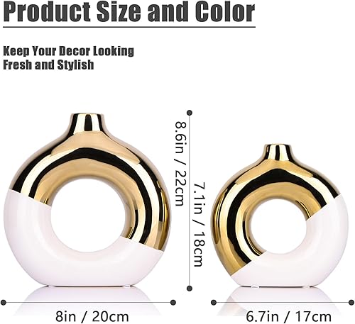 Miniatura 2 de XMGZQ Jarrón blanco y dorado, juego de 2 jarrones de cerámica, jarrones dorados para decoración del hogar, jarrón redondo para centros de mesa,