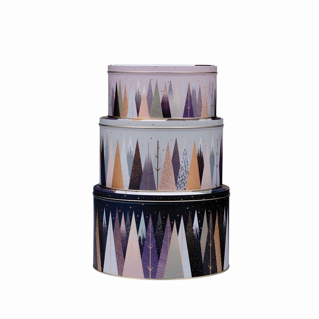 Sarah Miller Frosted Pines Christmas Set of 3 Round Cake Tins 250 (d) x 145mm 225 (d) x 120mm 195 (d) x 95mm