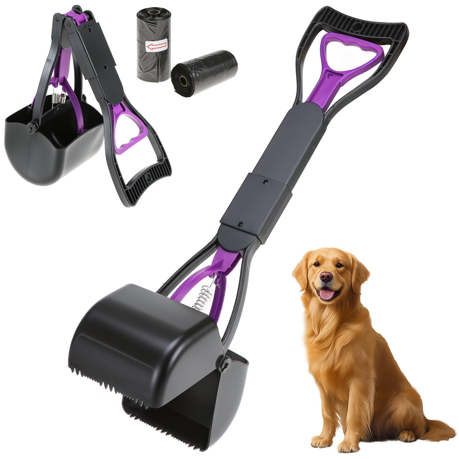 QWORKยฎ 45CM Foldable Dog Pooper Scooper - Long Handle, Easy Squeeze Trigger with Jumbo Jaws - Ideal for Dogs & Cats on Grass & Gravel