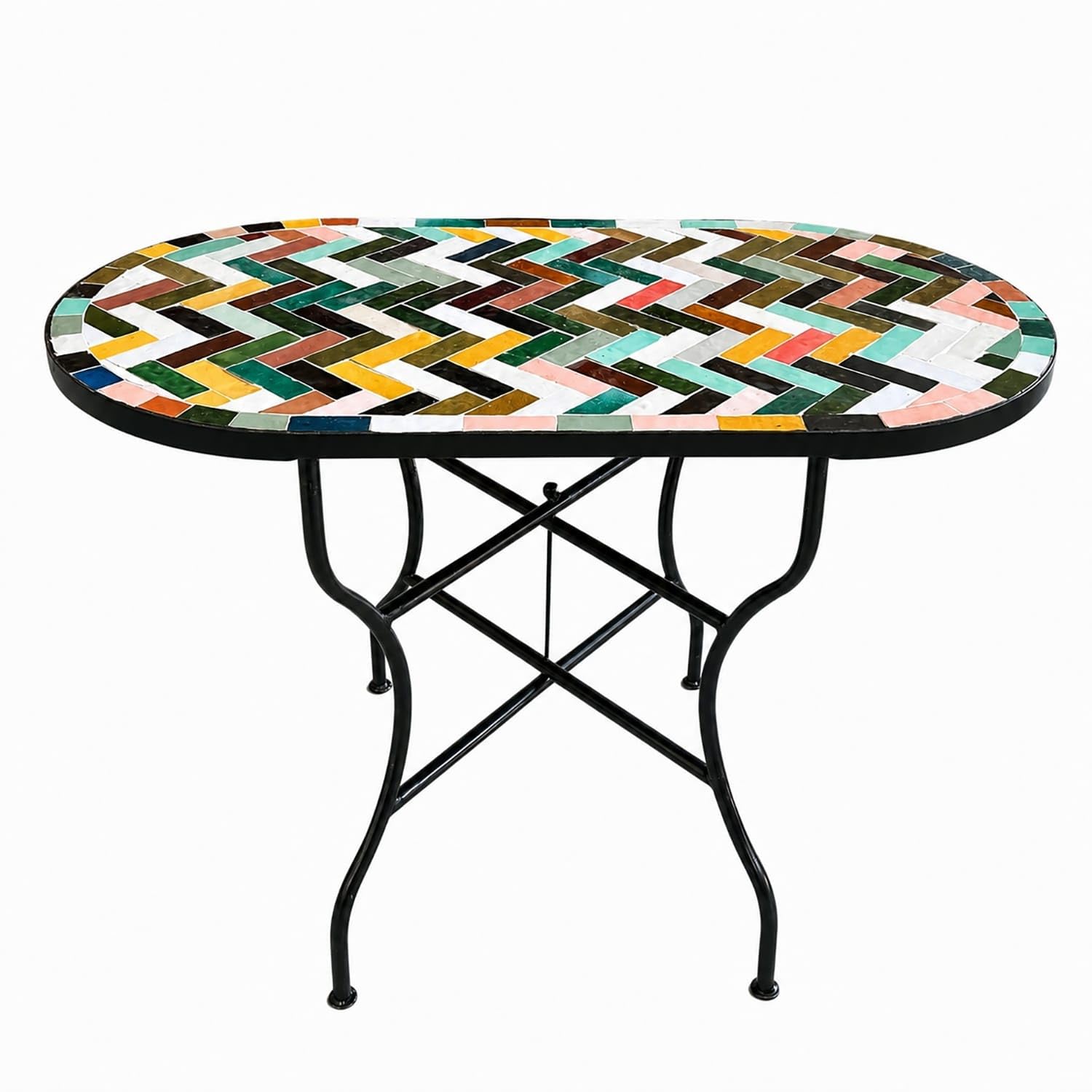 Generico Tavolo in Ferro Battuto con Mosaico Multicolore in Pietra Naturale + 4 Sedie-Fatto a Mano-Arredo Interno ed Esterno-2306261200