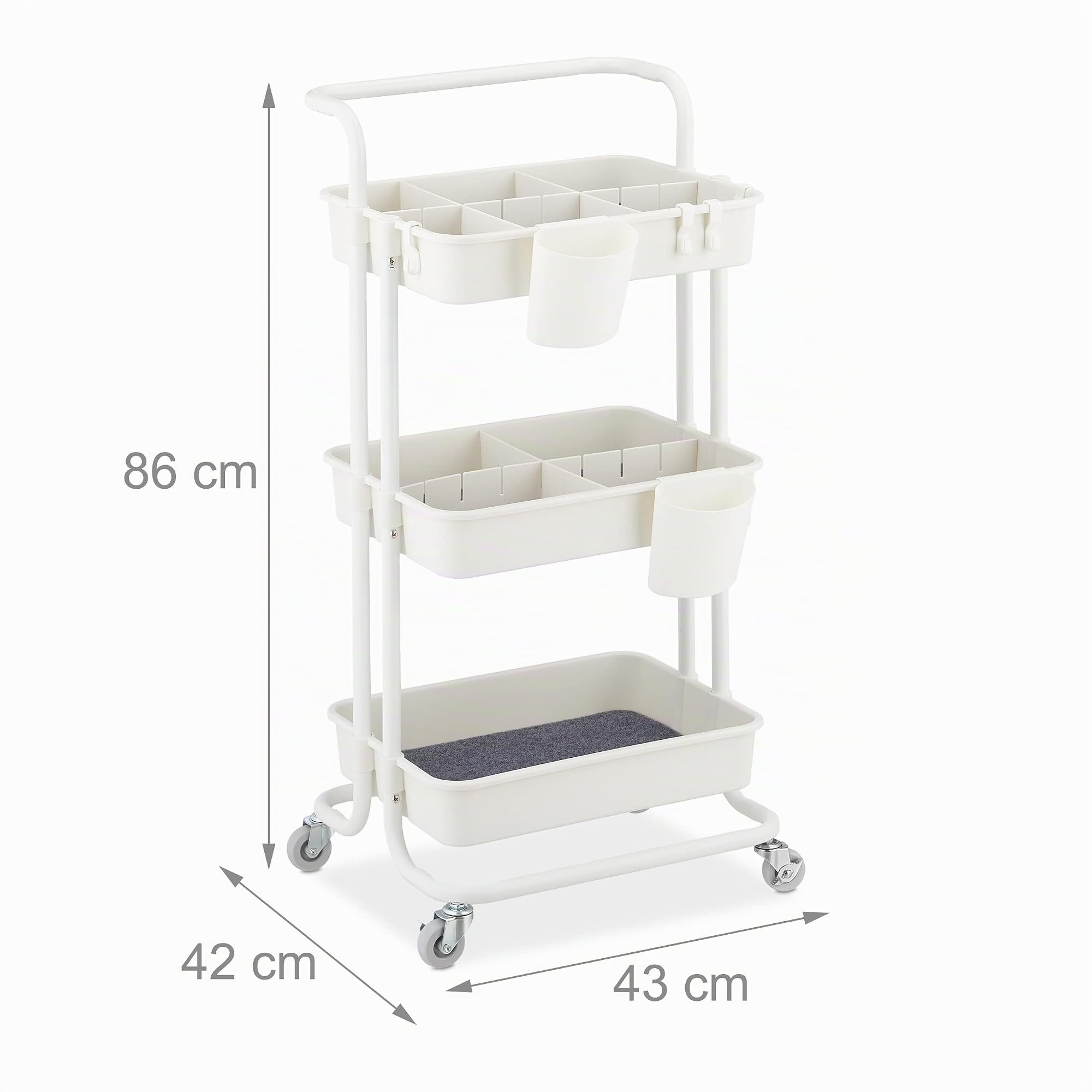 Relaxdays Carrello da Cucina con Ruote, 3 Ripiani, 2 Freni, Portaoggetti per Bagno e Ufficio, HxLxP: 86x43x42 cm, Bianco