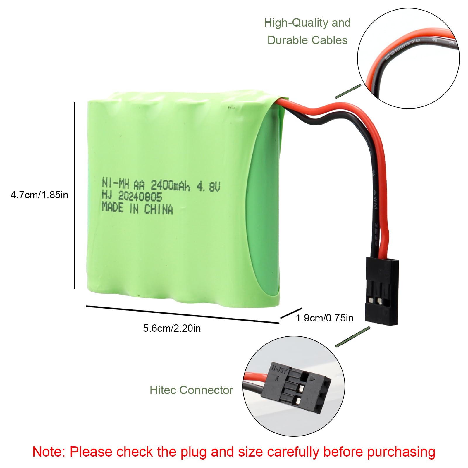 Lot de 2 Batteries NiMH RC 4,8 V 2 400 mAh avec connecteurs Hitec, Batterie Compatible avec contrôleur d'avion RC Futaba, Avions RC, récepteur d'hélicoptère RC, Futaba, JR et Autres modèles