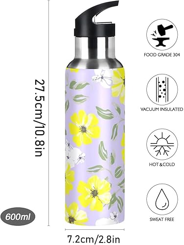 Miniatura 9 de White Yellow Flowers Violet Stainless Steel Water Bottle 32 Oz Leakproof Water Bottles, BPA-Free Sports Water Bottle with Straw