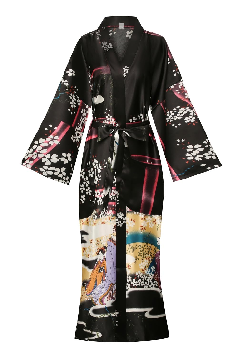 Women Long Silky Bathrobe Satin Kimono Robe Floral Printed Dressing Gown Sleepwear Black Large