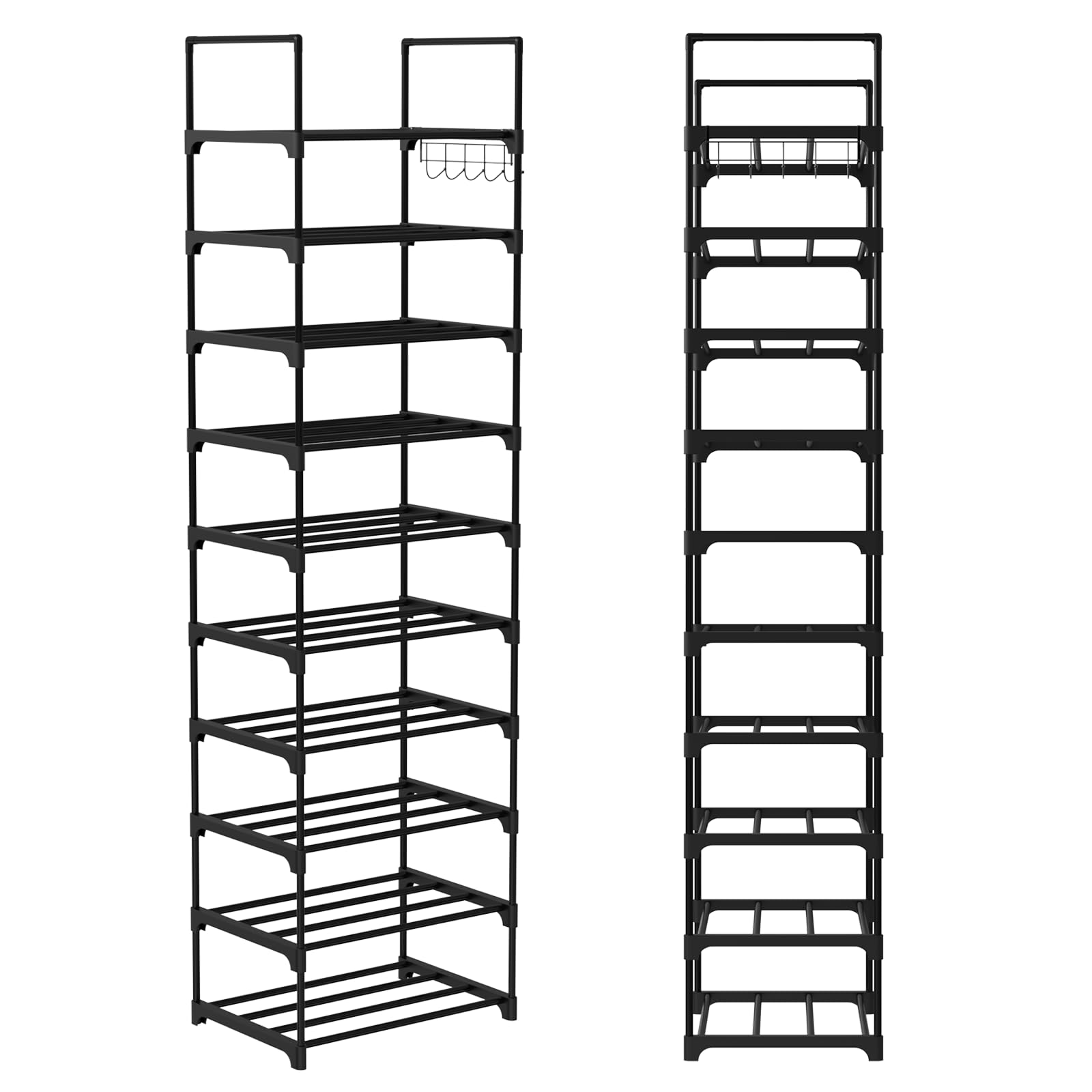 VickyHome Schuhregal Metall Schmales Schuhregal mit Höhenverstellbar, Schuhregal Platzsparend Regal 30cm Breit Schuhschrank Schmal Schuh-Organizer für 20-25 Paar Schuhe, 5 Seitliche Haken, Schwarz Küche, Haushalt & Wohnen