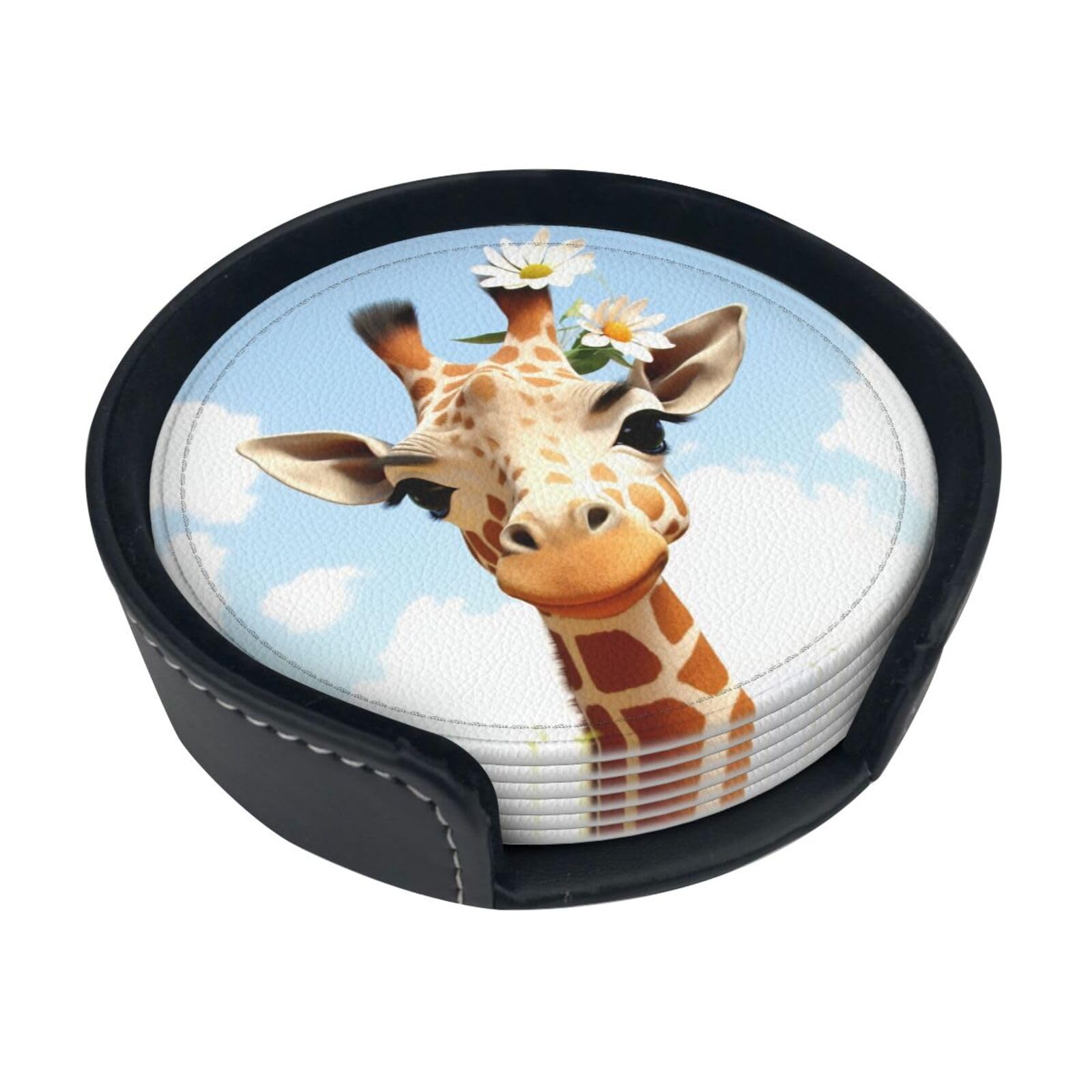 Fodpand White Giraffe Drink Coasters Set Of 6 Leather Coasters With Holder Bar Beer Beverage Coaster For Drinks, Absorbent Cup Mat For Tabletop Protection, Housewarming Gift