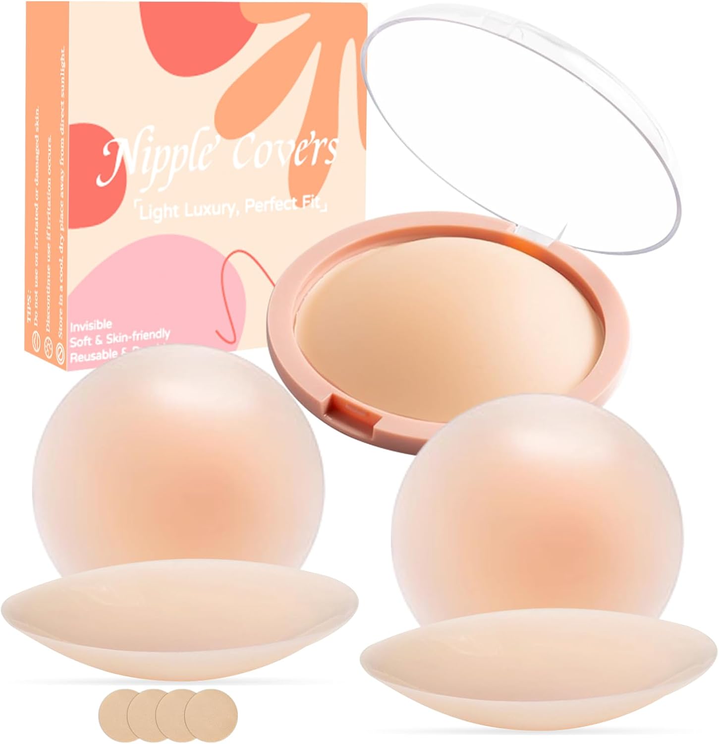Sticky Reusable Nipple Covers Women: 2pair Silicone Seamless Waterproof Pasties with Travel Case Normal Circles Crème