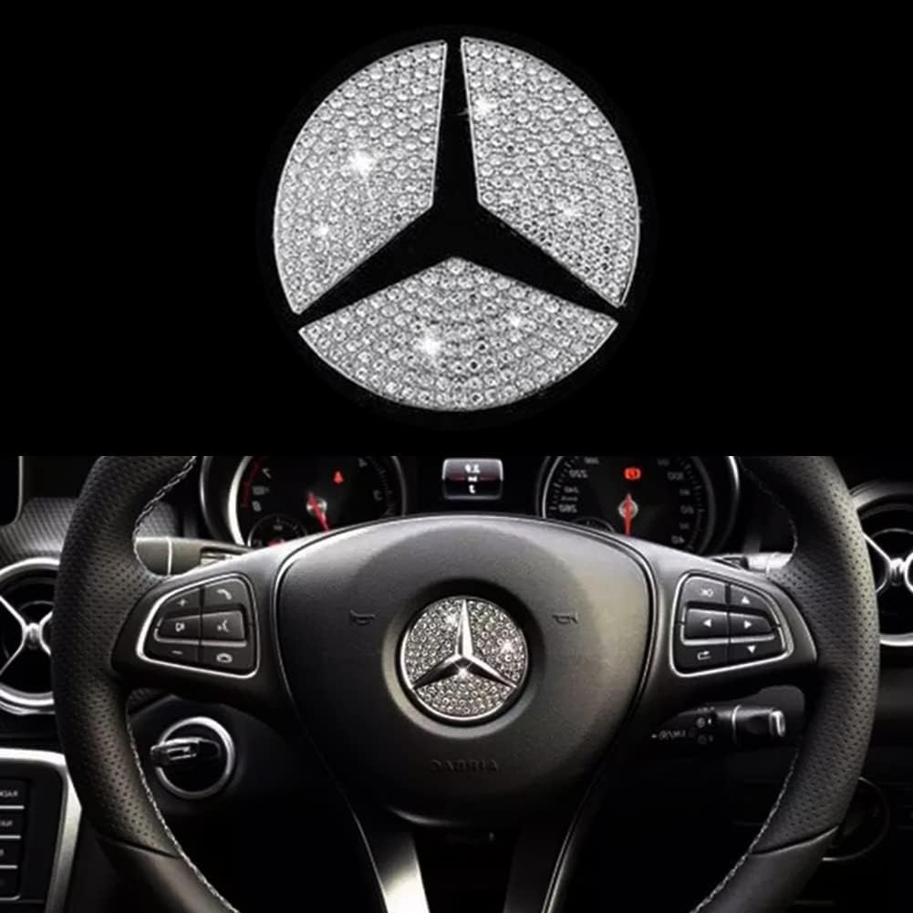 KASTWAVE Steering Wheel Logo Caps Compatible with for Benz, DIY Diamond Crystal Emblem Accessories Interior Decorations for Women, Fit for Benz C E S CLA GLA GLK Class(49mm)