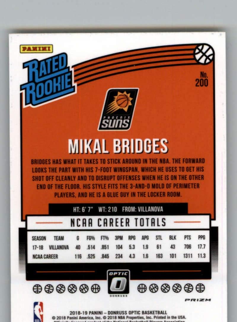 2018-19 Donruss Optic Shock Basketball #200 Mikal Bridges Phoenix Suns Rated Rookie Official NBA Trading Card Produced By Panini