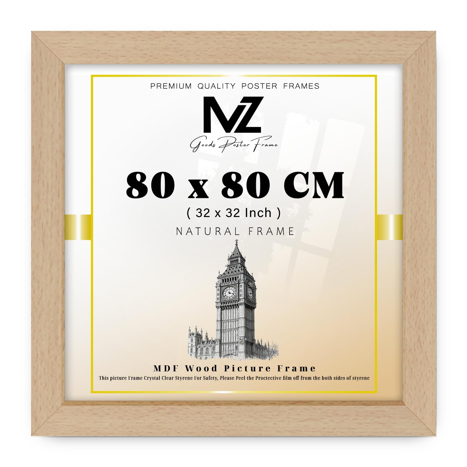 MZ GOODS | MDF Picture Frame (80 x 80 CM) 800 x 800 mm for Sketch Art, Watercolor Paintings & Home Interiors, MDF Build, Easy Wall Mounting Hooks [ Beech ]