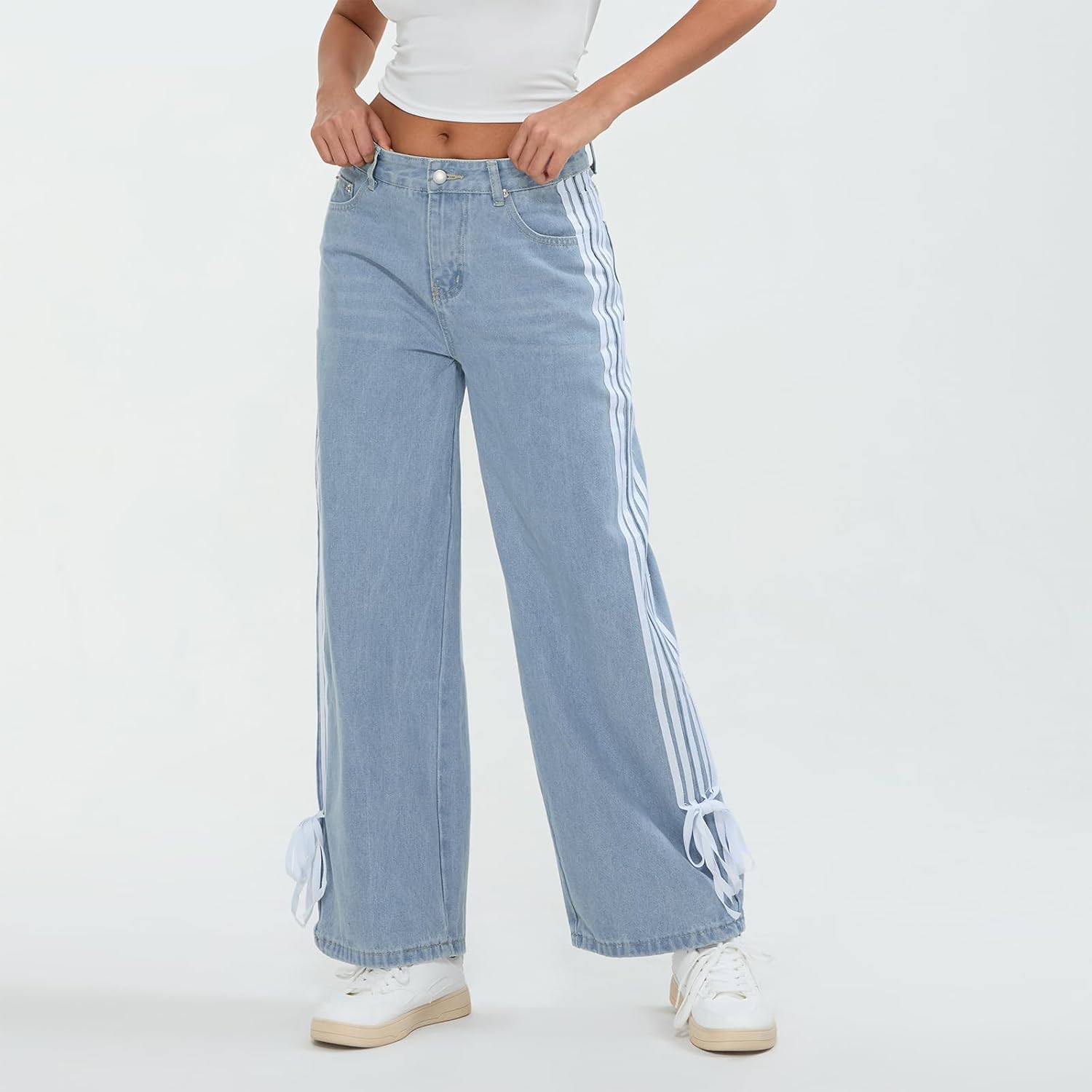 Y2K Low Rise Bow Jeans for Women Side Stripe Tie Straight Leg Denim Pants Baggy Jeans with Pocket Streetwear