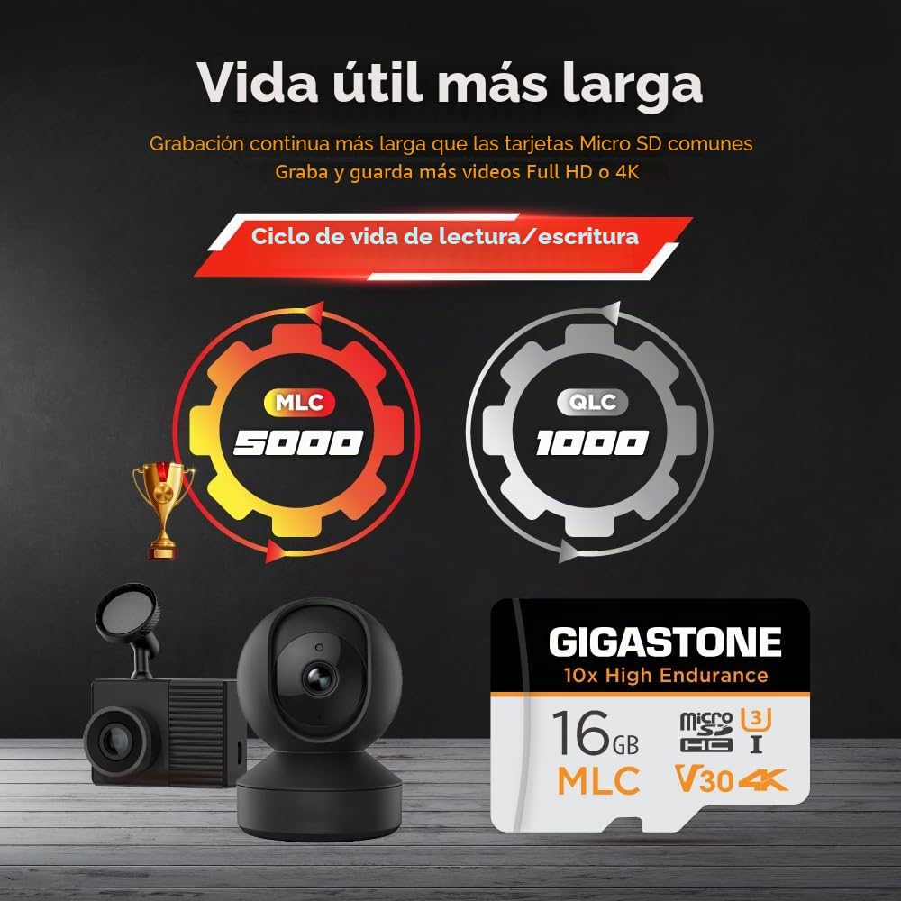 [10x High Endurance] Gigastone 16GB MLC Tarjeta de Memoria Micro SD, Paquete de 10, grabación de Video 4K de Alta Resistencia 10x, Cámara de Seguridad, vigilancia, Tablero 95MB/s, U3 C10 Micro SD MLC