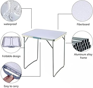 Multipurpose Camping Table,Trestle 80CM Length Folding Table Portable Aluminum Picnic Table, Heavy Duty Foldable Table with Carry Handle for Indoor Study Writing Outdoor BBQ Party Use, White