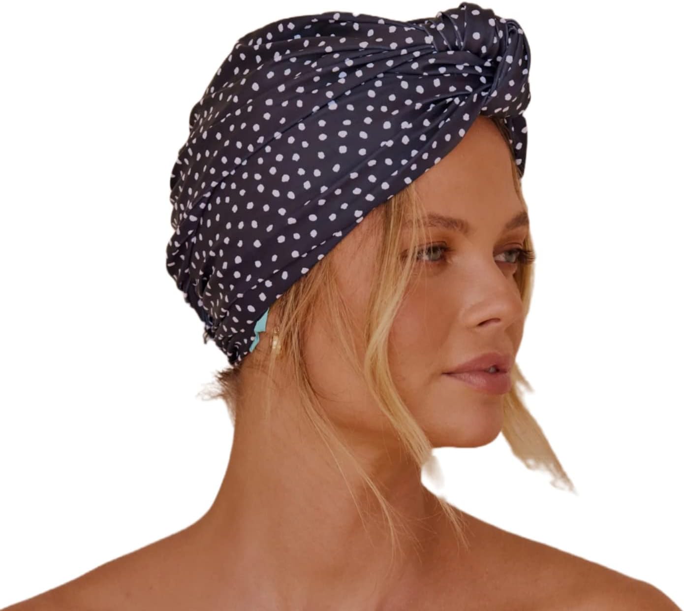 LOUVELLE Stylish DAHLIA Luxury Shower Cap Turban Style Reusable with 100% Waterproof Lining and Quick Dry Fabric - One of Oprah's Favorite Things (French Navy Polka Dot)