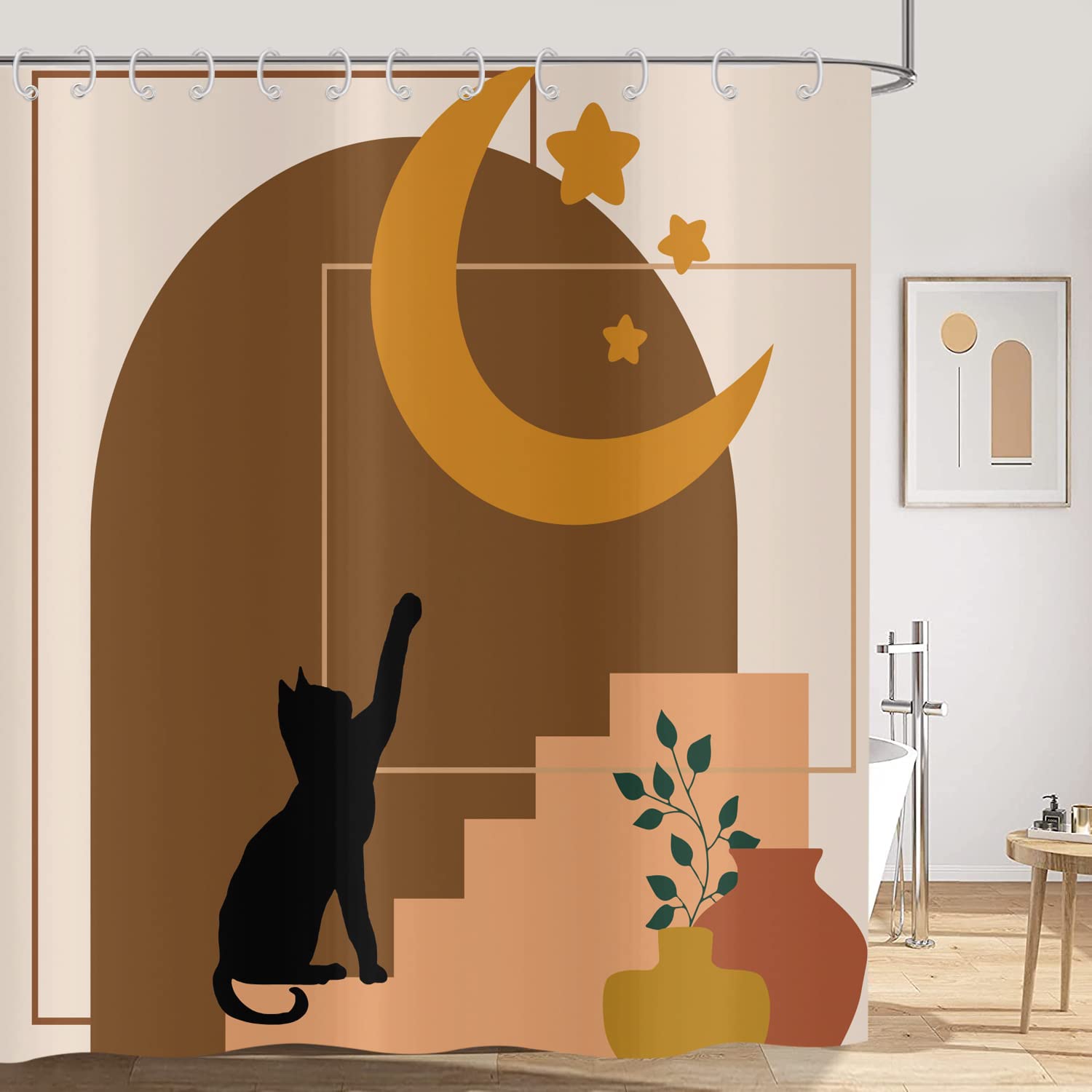 Hnmdmyi Boho Shower Curtain 120x180, Mid Century Abstract Black Cat Moon Stars Terracotta Plant Bathroom Curtains Modern Minimalistic Geometric Aesthetic Art Waterproof Fabric Washable Bath Curtains — image 1