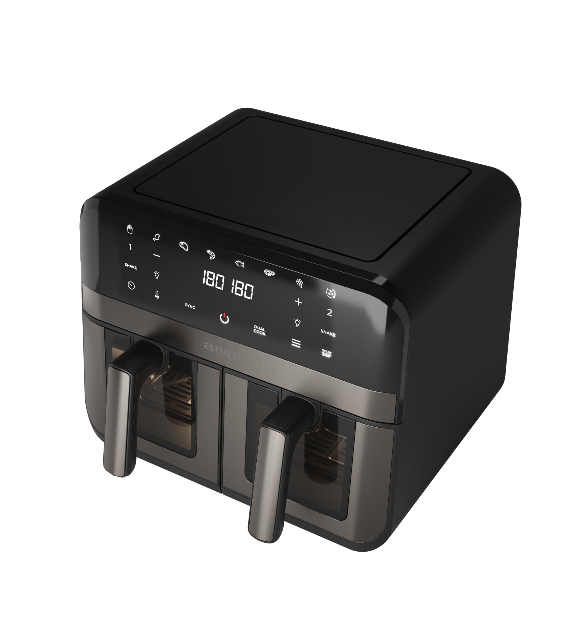 Aiwa Futago AFR‑9000 Frytkownica powietrzna 9 l (2 × 4,5 l), 2400 W, sterowanie cyfrowe, 8 programów, kuchnia podwójna strefa, samoczyszczenie, podwójne okno, ultra cicha, stal nierdzewna/plastik