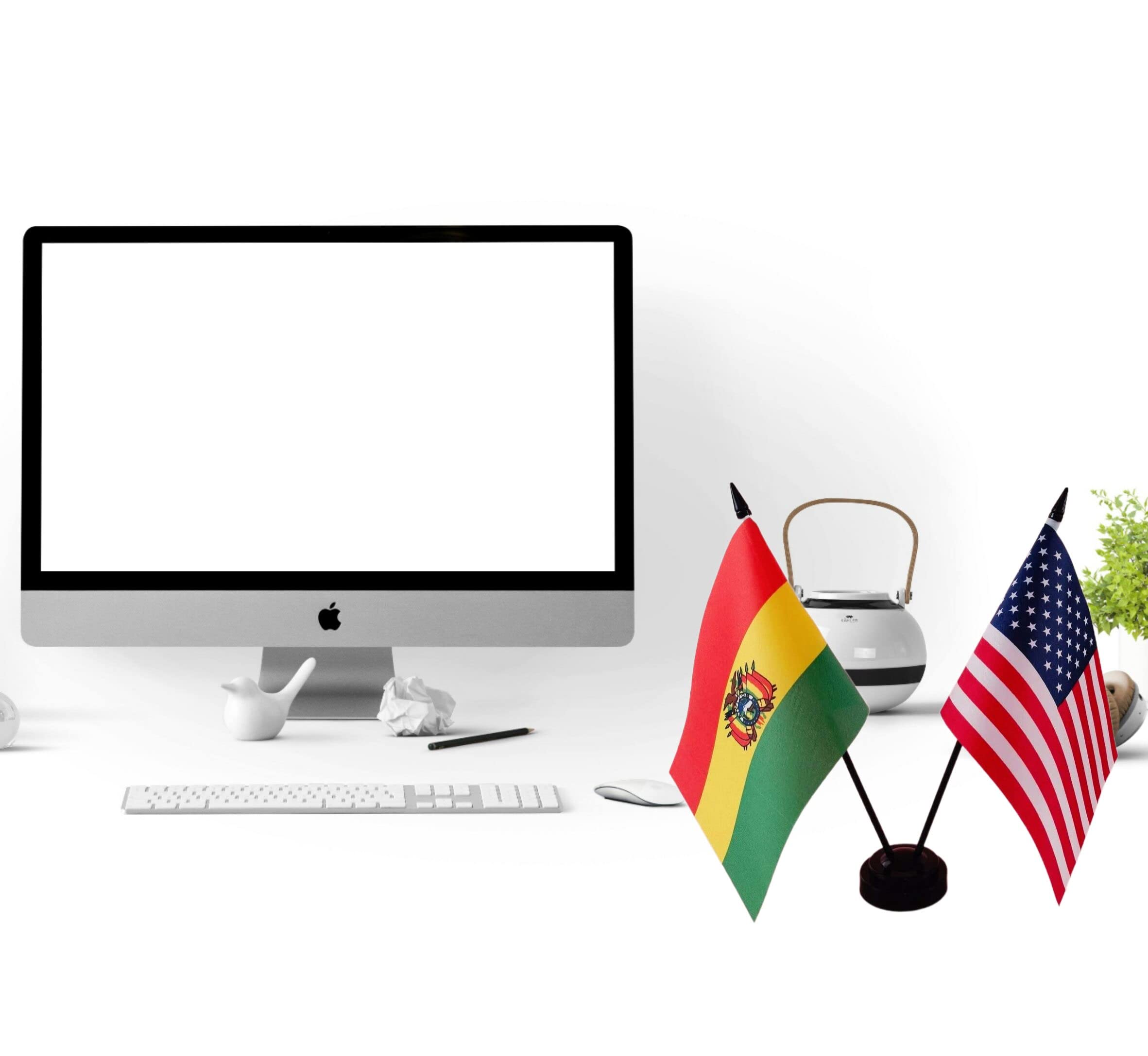 Zigvert US & Bolivia Friendship Desk Flag Set - 8x5 Inch Mini Flags With 2-Hole Stand For Office Or Home Decor