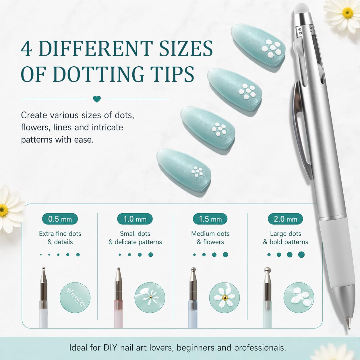 5-in-1 Nail Dotting Pen with 4 Sizes Metal Tips, Multifunctional Nail Art Tool with Silicone Brush Tail for Dotting Painting Mirror Manicure（Silver）