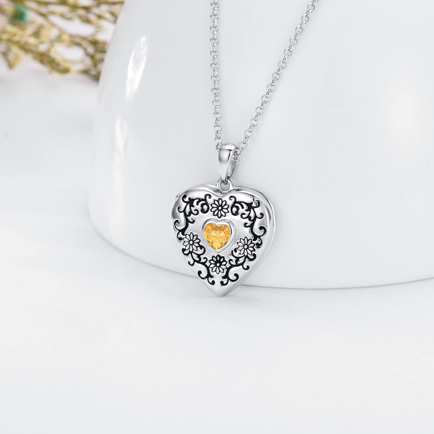 SOULMEET Personalized White Gold/Silver Sunflower Birthstone Locket Necklace That Holds 1 Picture Photo Heart Locket with Cubic Zirconia Heart Birthstone Crystal - Image 2