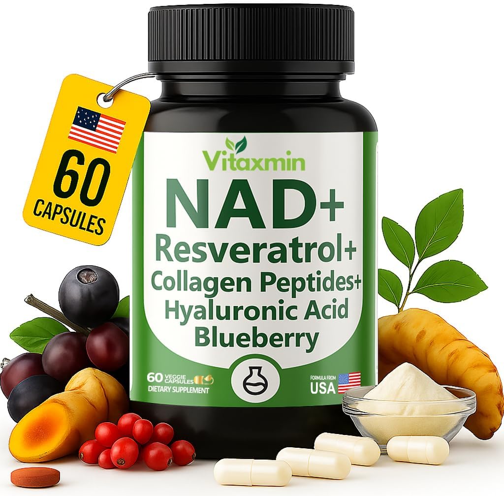 vitaxmin NAD Resveratrol Supplement 200mg with Berberine NAC Collagen - Nicotinamide Riboside NMN NADH CoQ10 Biotin Hyaluronic Acid - Hair Skin Nails