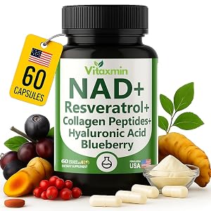 NAD Resveratrol Supplement 200mg with Berberine NAC Collagen - Nicotinamide Riboside NMN NADH CoQ10 Biotin Hyaluronic Acid -