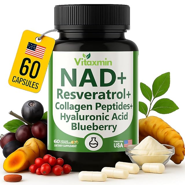 NAD Resveratrol Supplement 200mg with Berberine NAC Collagen - Nicotinamide Riboside NMN NADH CoQ10 Biotin Hyaluronic Acid -