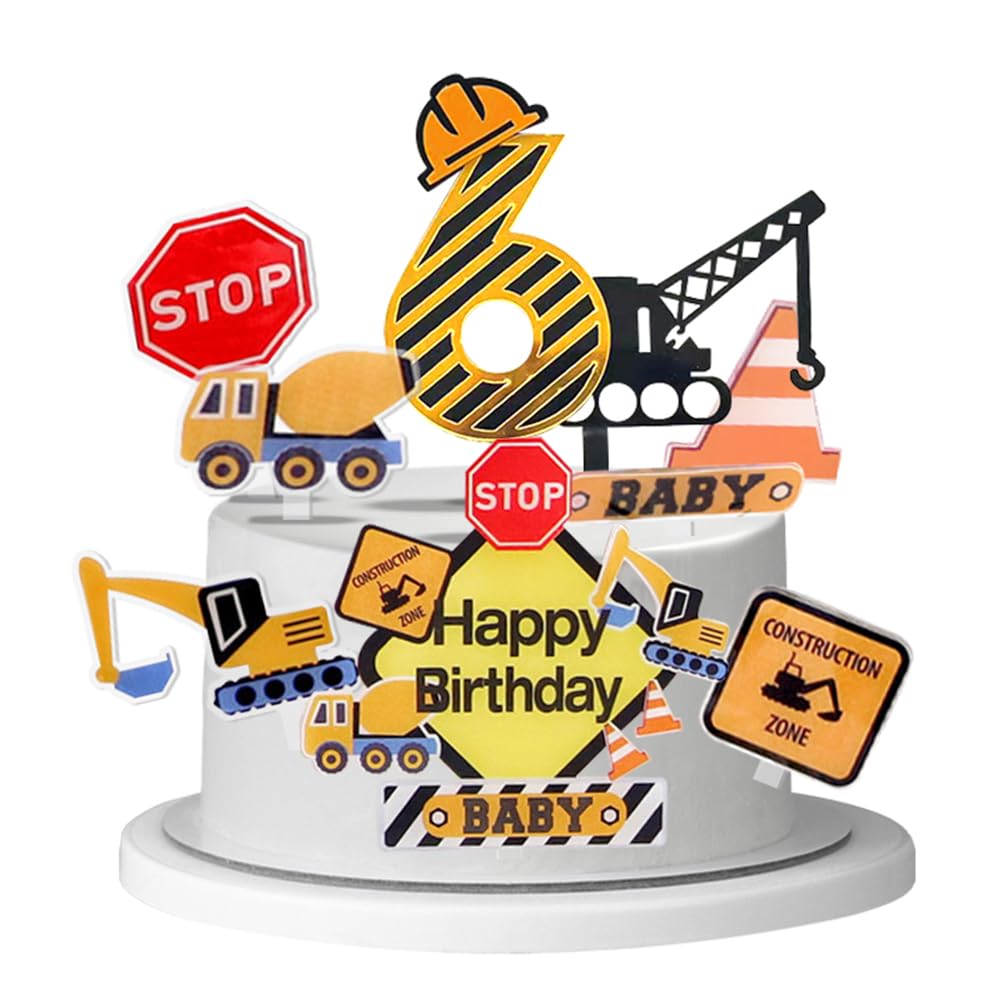 MiaLover 6 Year Birthday Decoration Cake Decoration Construction Vehicles Cake Decoration Digger Cupcake for Children's Birthday Party 6th Birthday Decoration Props for Photos