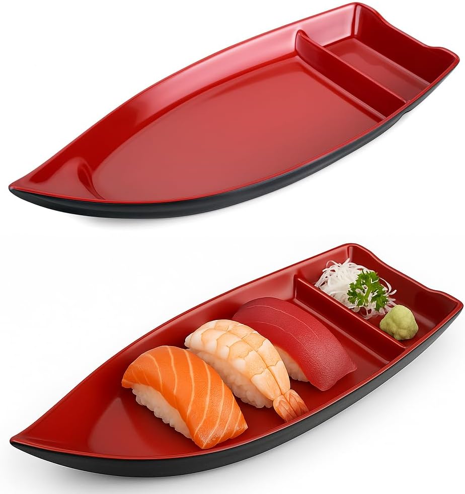JapanBargain 2385, Set of 2 Sushi Boats Japanese Sashimi Sushi Serving Plate Snack Plate Appetizer Dishes Chip and Dip Plate, 10 inch, Black and Red Color