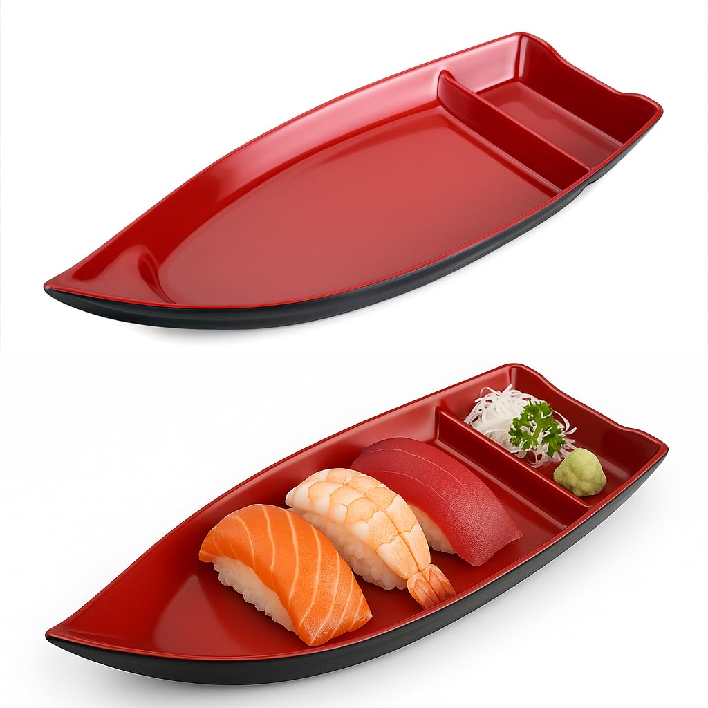 JapanBargain 2385, Set of 2 Sushi Boats Japanese Sashimi Sushi Serving Plate Snack Plate Appetizer Dishes Chip and Dip Plate, 10 inch, Black and Red Color