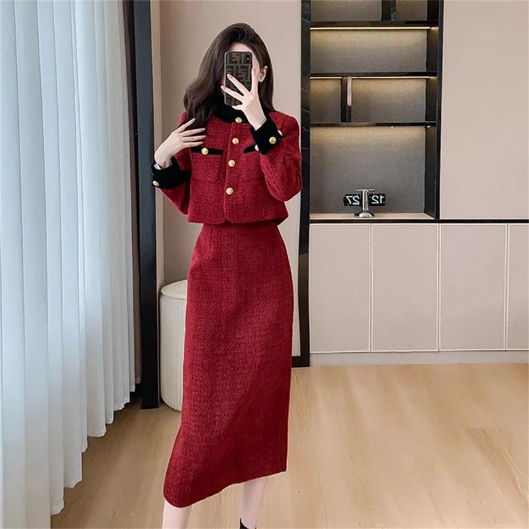 Women's French Style Socialite Suit Jacket Winter Elegant Short Coat Top Mid-Length Skirt 1231