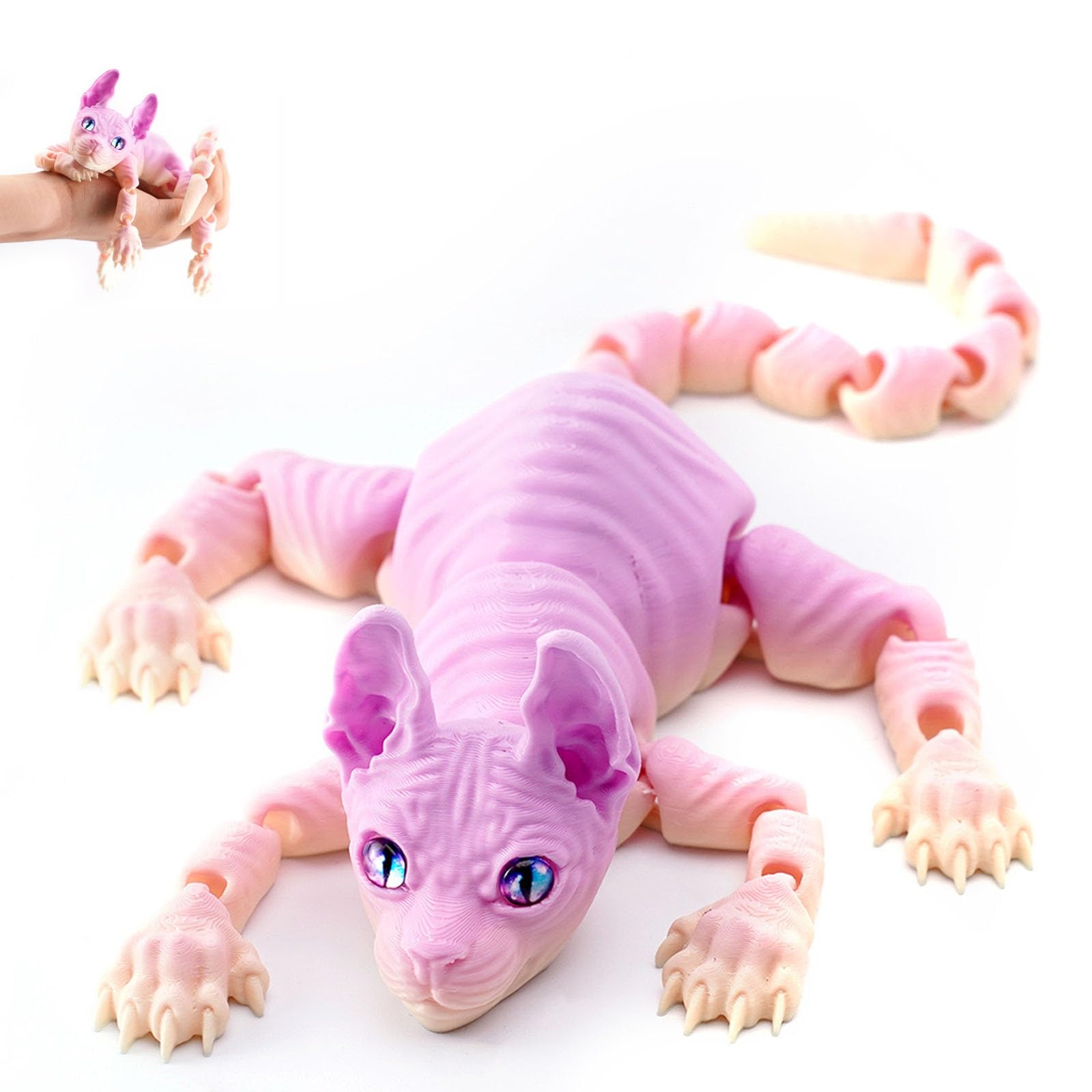 Mystic Meow – 3D Guardian Cat, 3D Printed Cute Hairless Cat, Realistic Flexible Articulated Joints Animal Figurine, Gifts for Cats Lovers, Fantasyfans and Creatives(Rainbow 2,22cm)