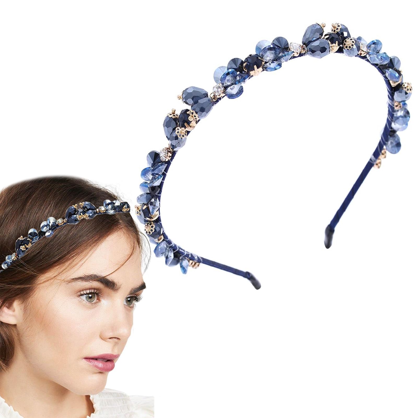 SSyang Bling Rhinestone Crystal Hair Band Navy Blue Gem Vintage Thin Hair Band Party Prom Hair Accessories for Women and Girls 15 x 12 cm (Blue)
