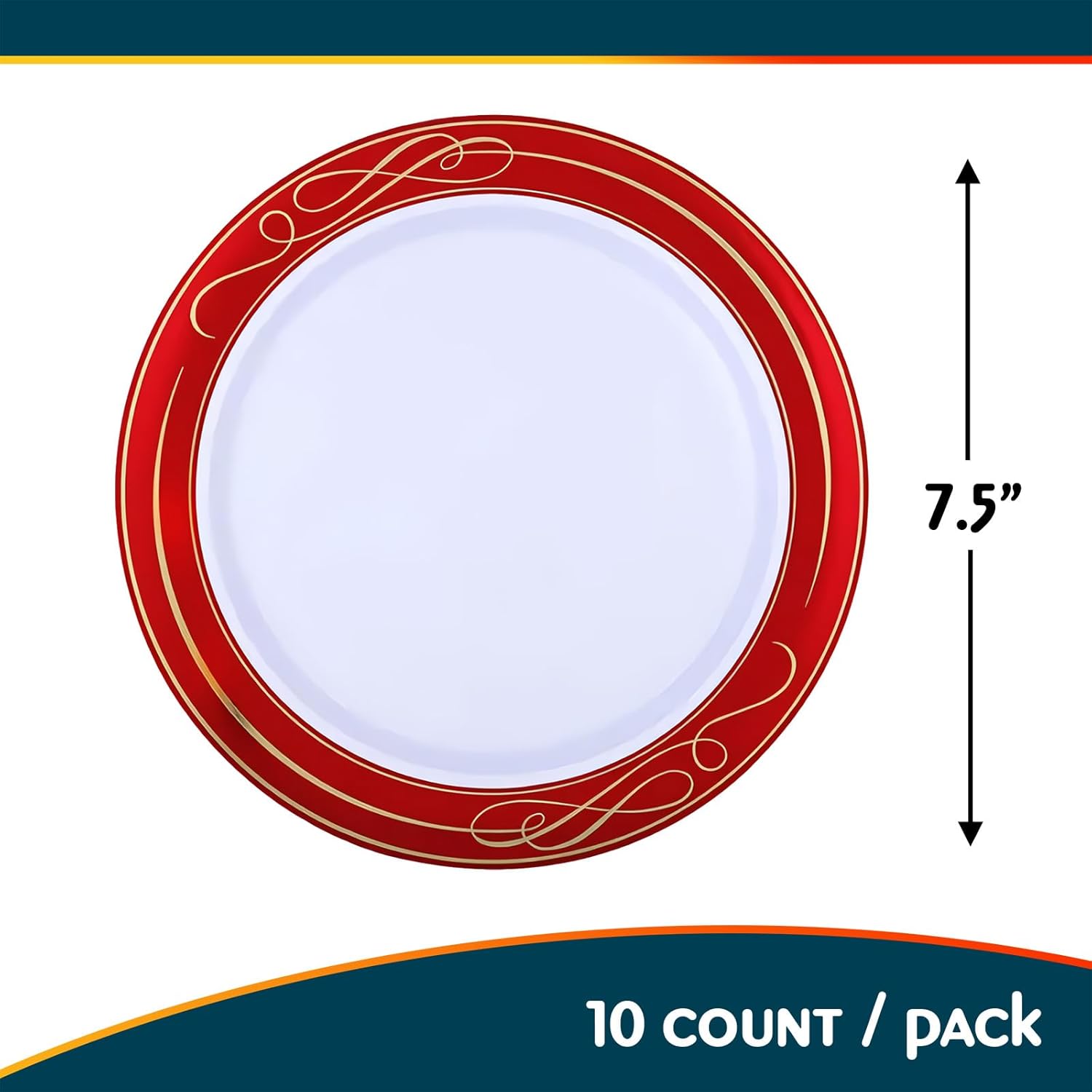 Silver Spoons Bella Collection White with Red Rim Round Plastic Desset Plates - 7.5" (Pack of 10) - Perfect for Parties, Holidays & Special Occasions - Image 4