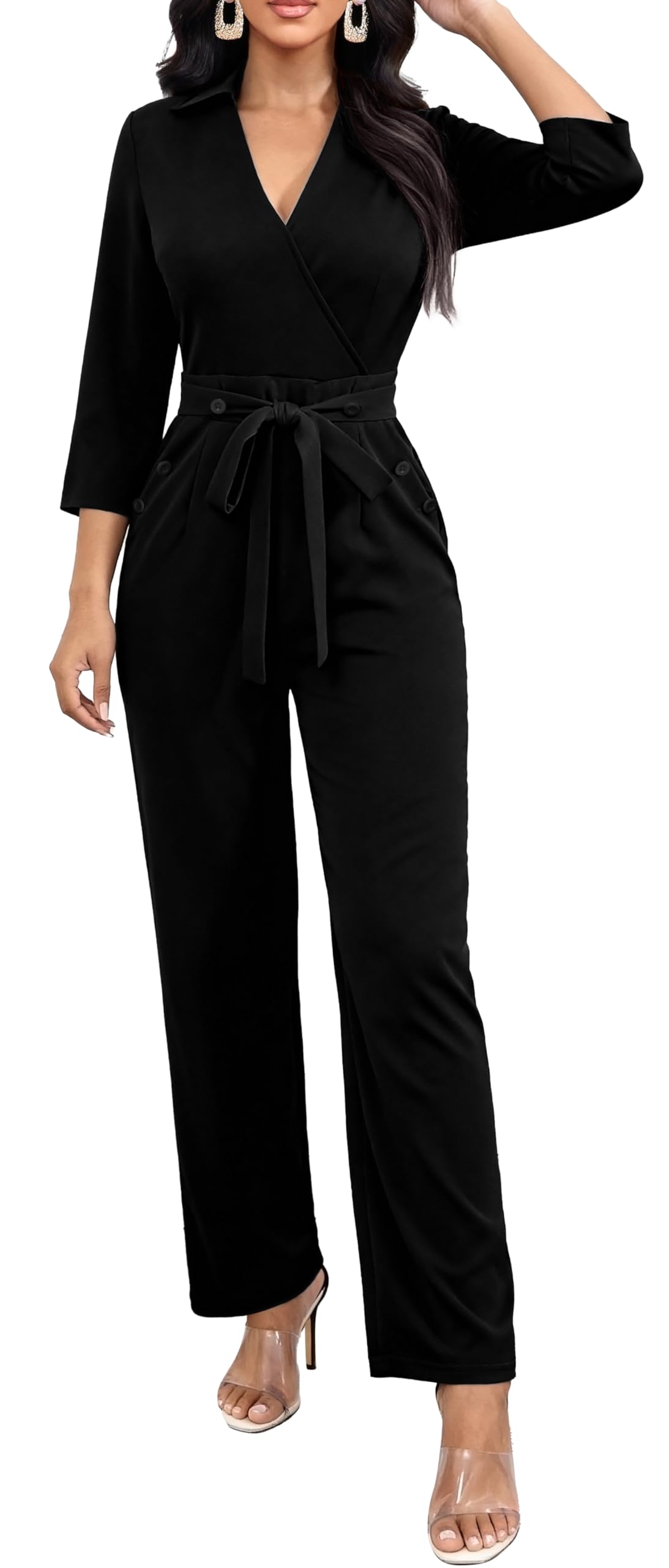 Jumpsuits for women Elegant Jumpsuits V Neck 3/4 Sleeve Straight Belted Long Pants Business Suits Set with Pockets-image-44