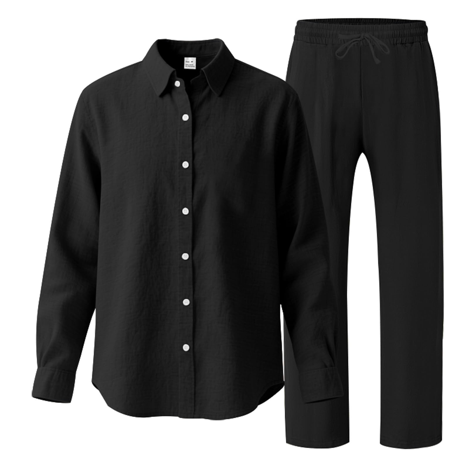 Generico 2 Pezzi Tuta Uomo Set completo Estivo in Lino, Camicia e Pantaloni con Elastico in Vita, a Maniche Lunghe, in Tinta Unita, Traspirante Casual, per Spiaggia Vacanza, per il Tempo Libero