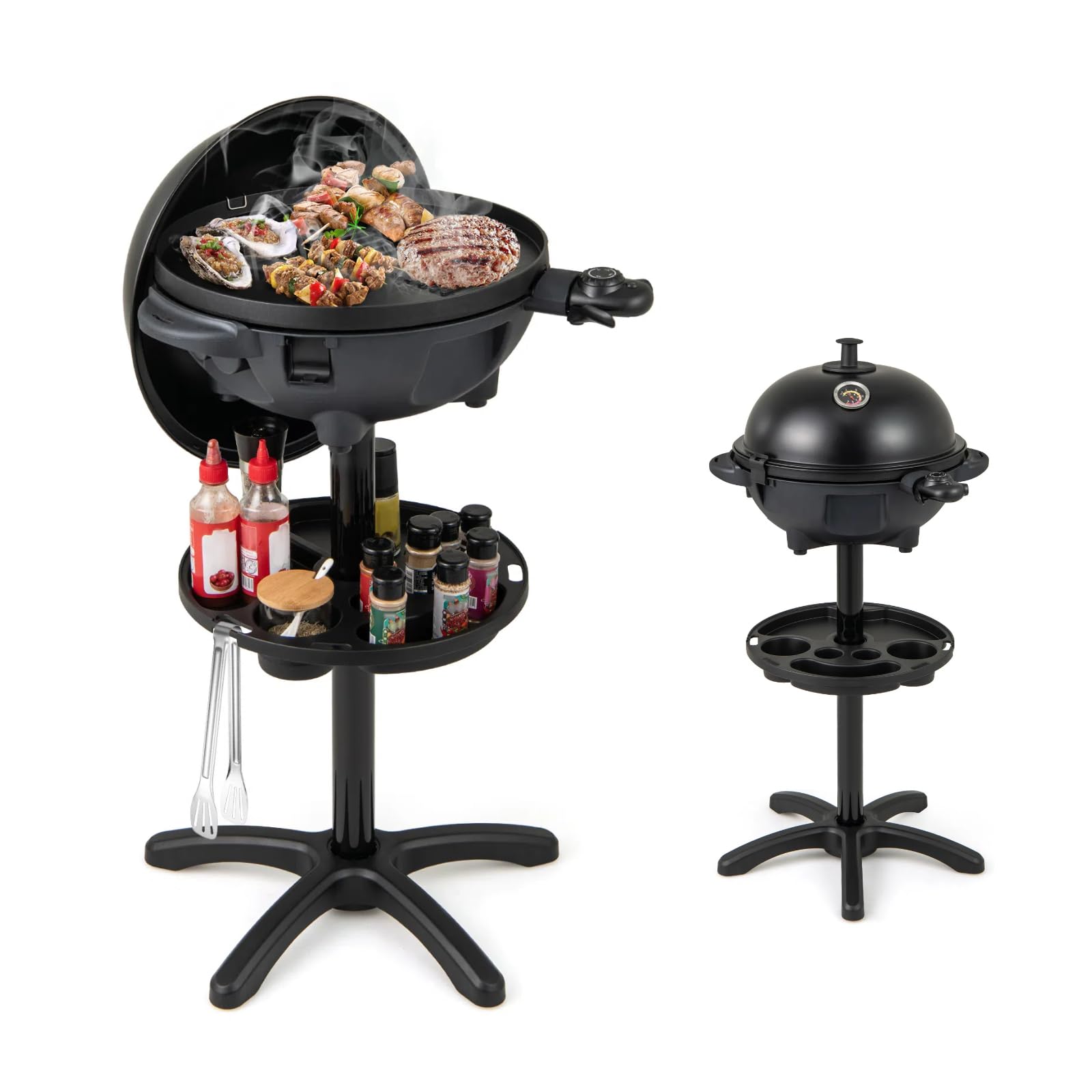 KOMFOTTEU Barbecue Électrique avec 2 Zones de Cuisson, Gril Électrique 1200 W, Avec Porte-épices & Thermomètre, Plancha Électrique, Contrôle de la Température, Intérieur & Extérieur