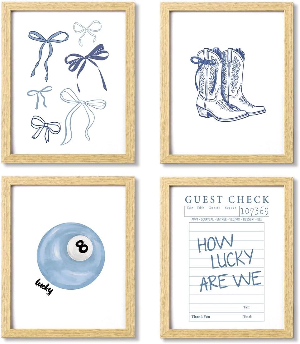 XYDEG Light Blue Coastal Cowgirl 8x10 Framed Posters,Coquette Blue Bow Room Decor, Preppy Coastal Granddaughter Wall Art Prints for College Dorm, Girls Room, Bathroom Bedroom Aesthetic Room Decor,Set of 4