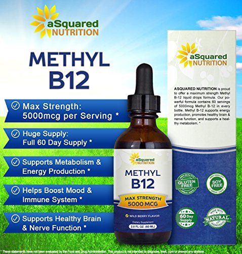 aSquared Nutrition Vitamin B12 Sublingual Liquid Drops - 5000 MCG Supplement - Max Absorption B12 to Increase Energy - V