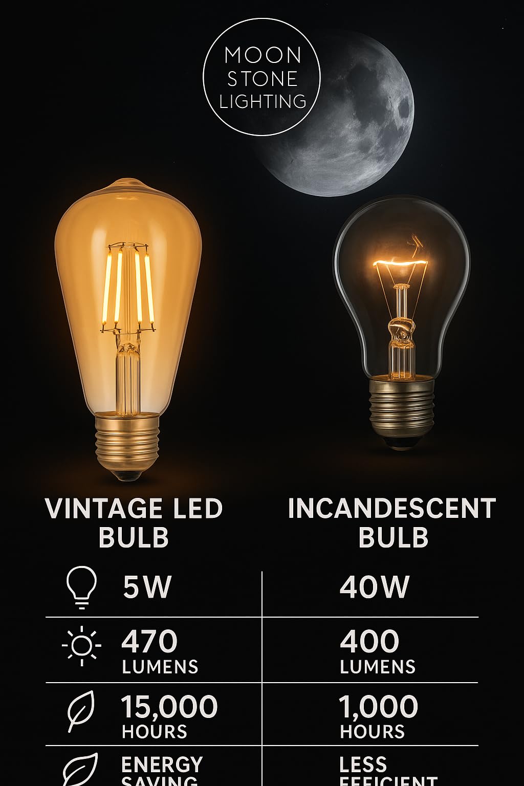 Moonstone Lighting Vintage LED Bulbs, ST64 ES/E27, 5W 2700K Warm White, 510 Lumens, Non-Dimmable, 2 Pack - Image 4