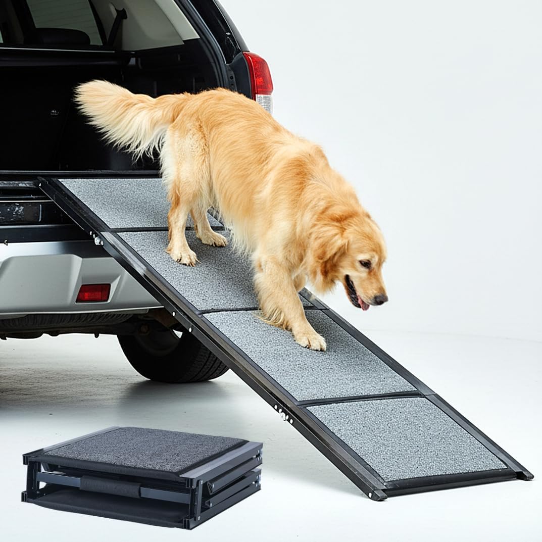 Pet Ramp (160 x 44 cm),Dog Ramp for Car, SUV & Truck, 63″ Long & 17″ Wide, Fold-able & Portable Pet Ramp with Non-Slip Rug Surface, Extra Wide Dog Steps for Medium & Large Dogs Up to 250LBS