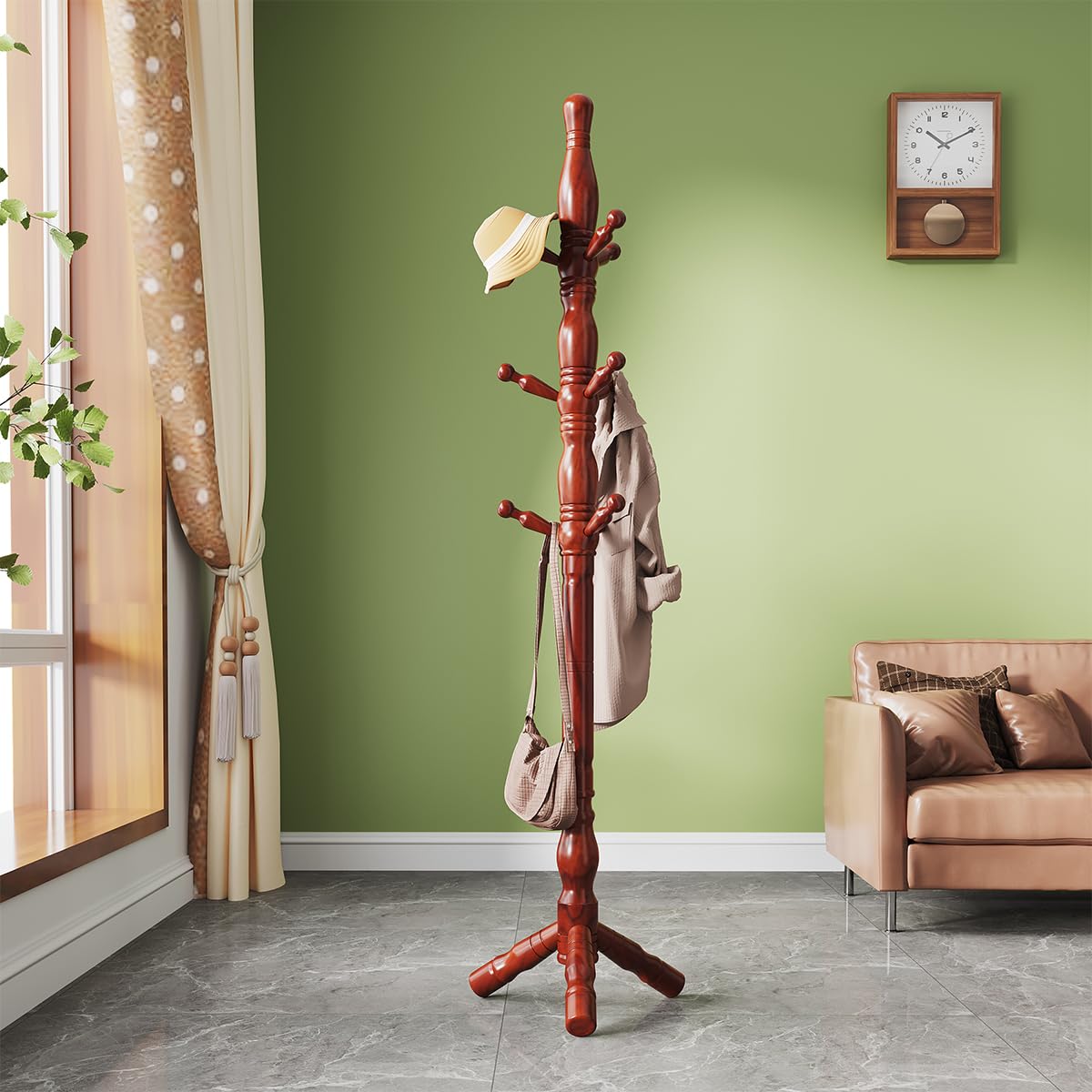 Multibao Sturdy Wooden Coat Rack Stand Vintage Posh Solid Wood 185cm with 9 Hooks Heavy Duty Free standing Hall Coat Hat Clothes Tree Stands for Hallway Entryway Bedroom Office (Dark Mahogany Finish)