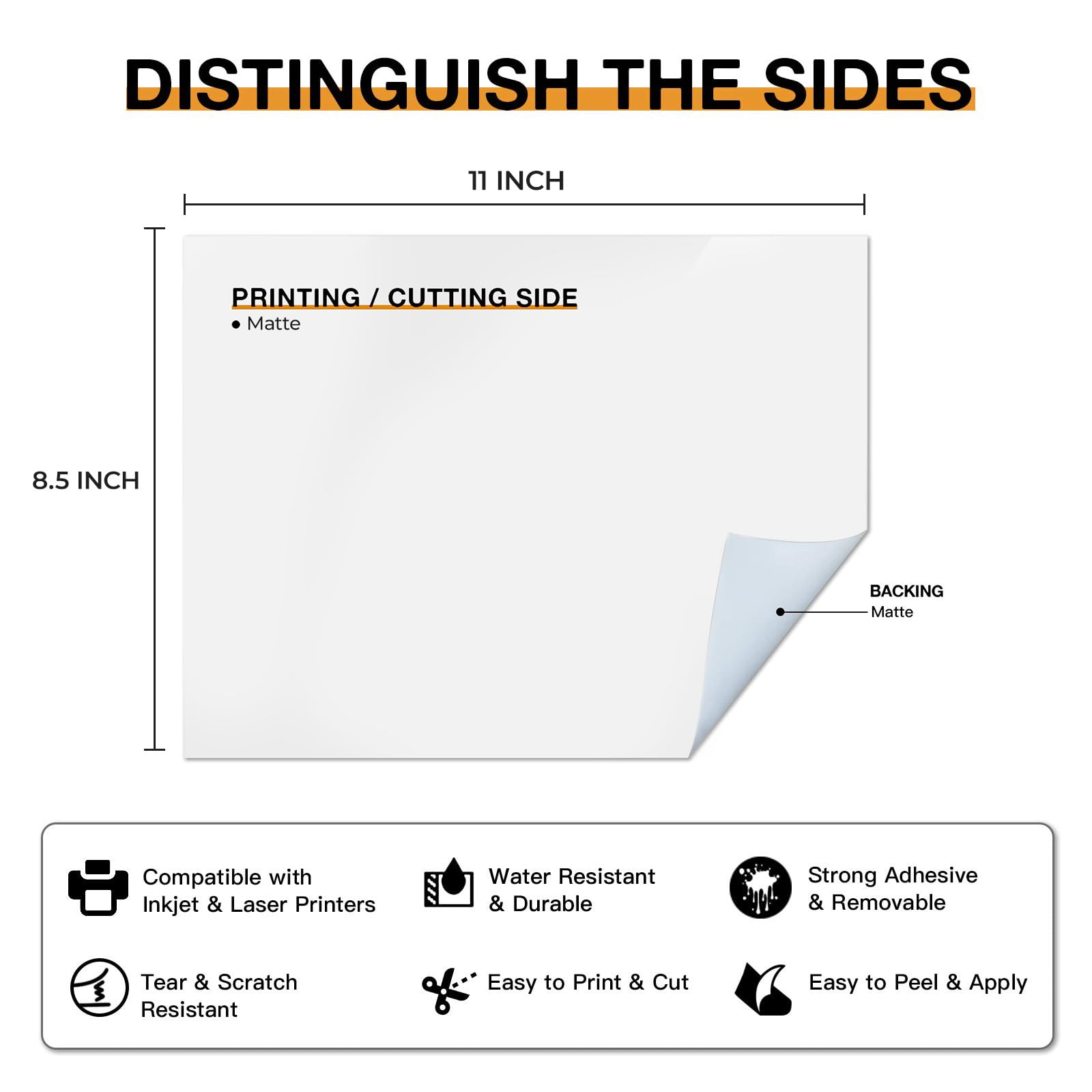 HTVRONT Lot de 25 feuilles de papier autocollant en vinyle imprimable pour imprimante à jet d'encre et laser - 21,6 x 27,9 cm - Blanc mat - Sèche rapidement et retient joliment l'encre