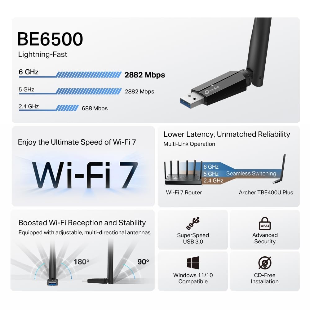 TP-Link Clé WiFi 7 BE6500 Tri-Bande USB 3.0, Archer TBE400U Plus | Bande 6 GHz, antenne haute performance, MLO, idéal gaming/streaming 8K/télétravail, compatible Windows 10 et 11