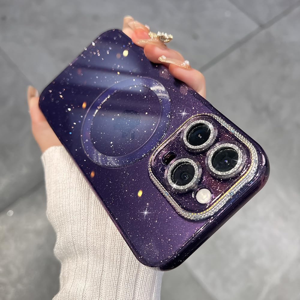 Verre de lentille de luxe et coque pailletée violette pour iPhone 12 Pro Max