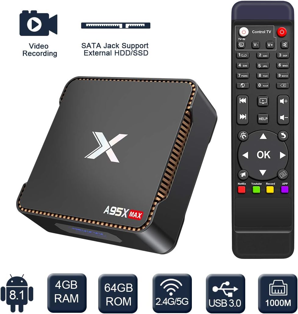 Android 8.1 TV Box, A95X MAX Amlogic S905X2 Quad Core 4GB RAM 64GB ROM HDMI 2.0 4K HD Ethernet 2.4Ghz/5Ghz Wifi Bluetooth 5.0 USB 3.0 Media Player With Recording Function