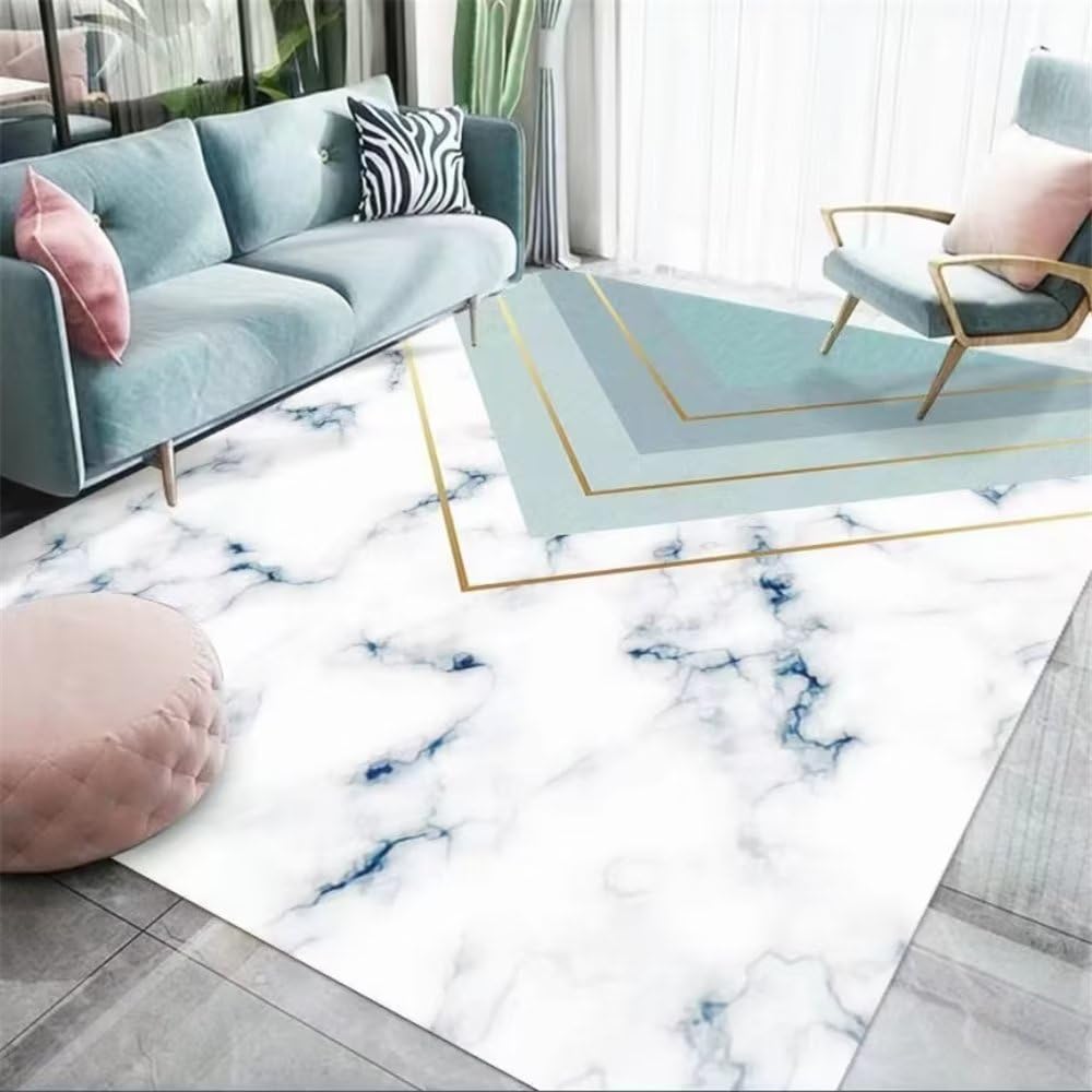 Tapis salon bleu triangle marbre moderne 80x160cm lavable