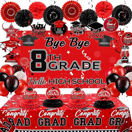 Rtteri 70 Pcs 8th Grade Graduation Decorations Set Congrats Grad Banner, Bye Bye 8th Grade Hello High School Backdrop, Balloons Streamers Kit Complete Party Supplies for High School(Black and Red)