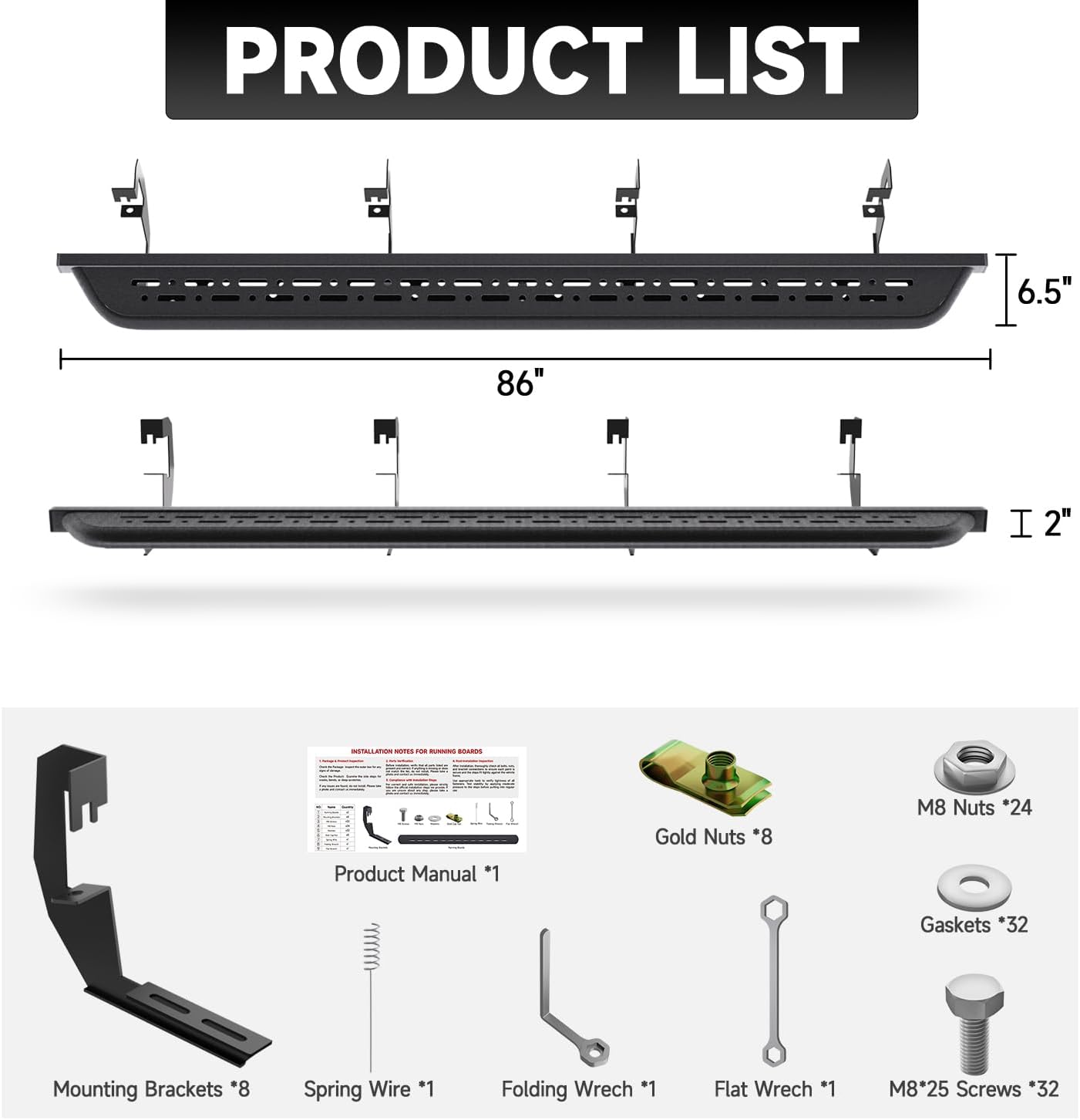 6.5" Running Boards Compatible with 2007-2018 Chevy Silverado Crew Cab, Steel Truck Side Steps Nerf Bars